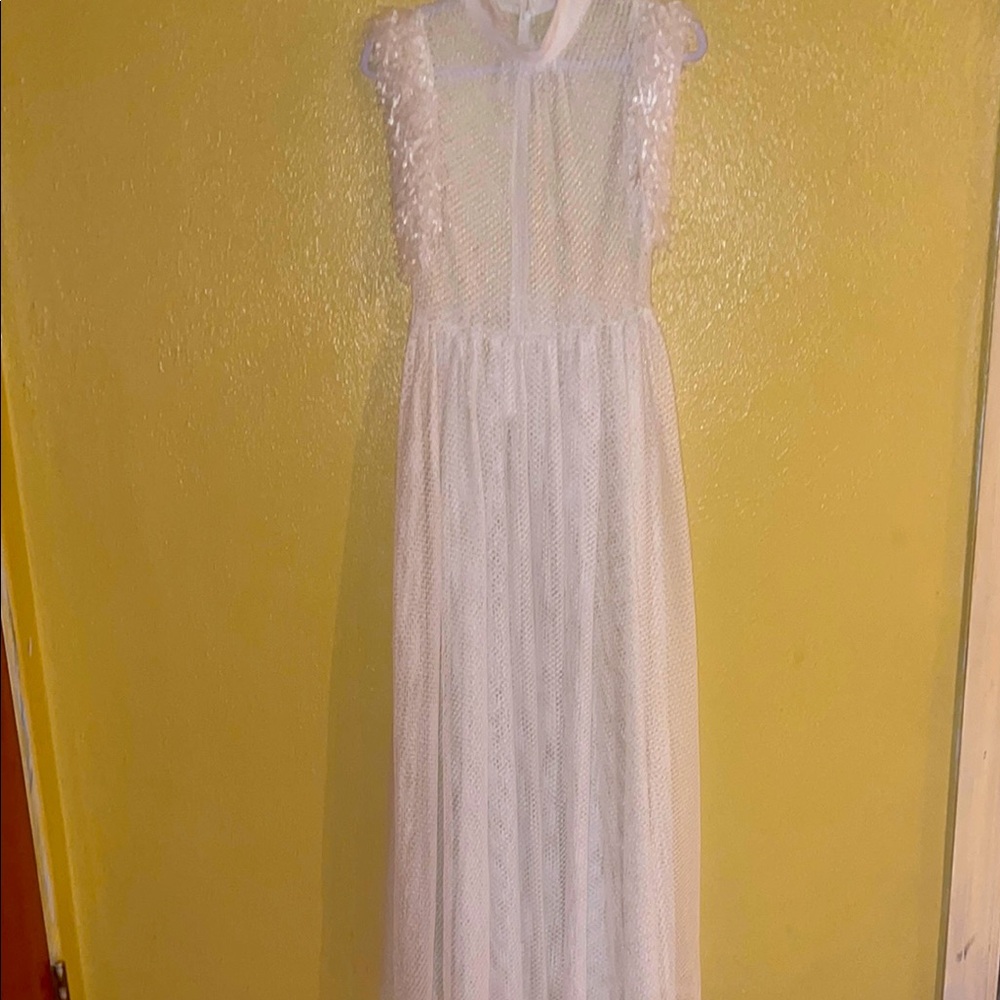 L'ATISTE White Pleated Bridal Gown with Mock Neck